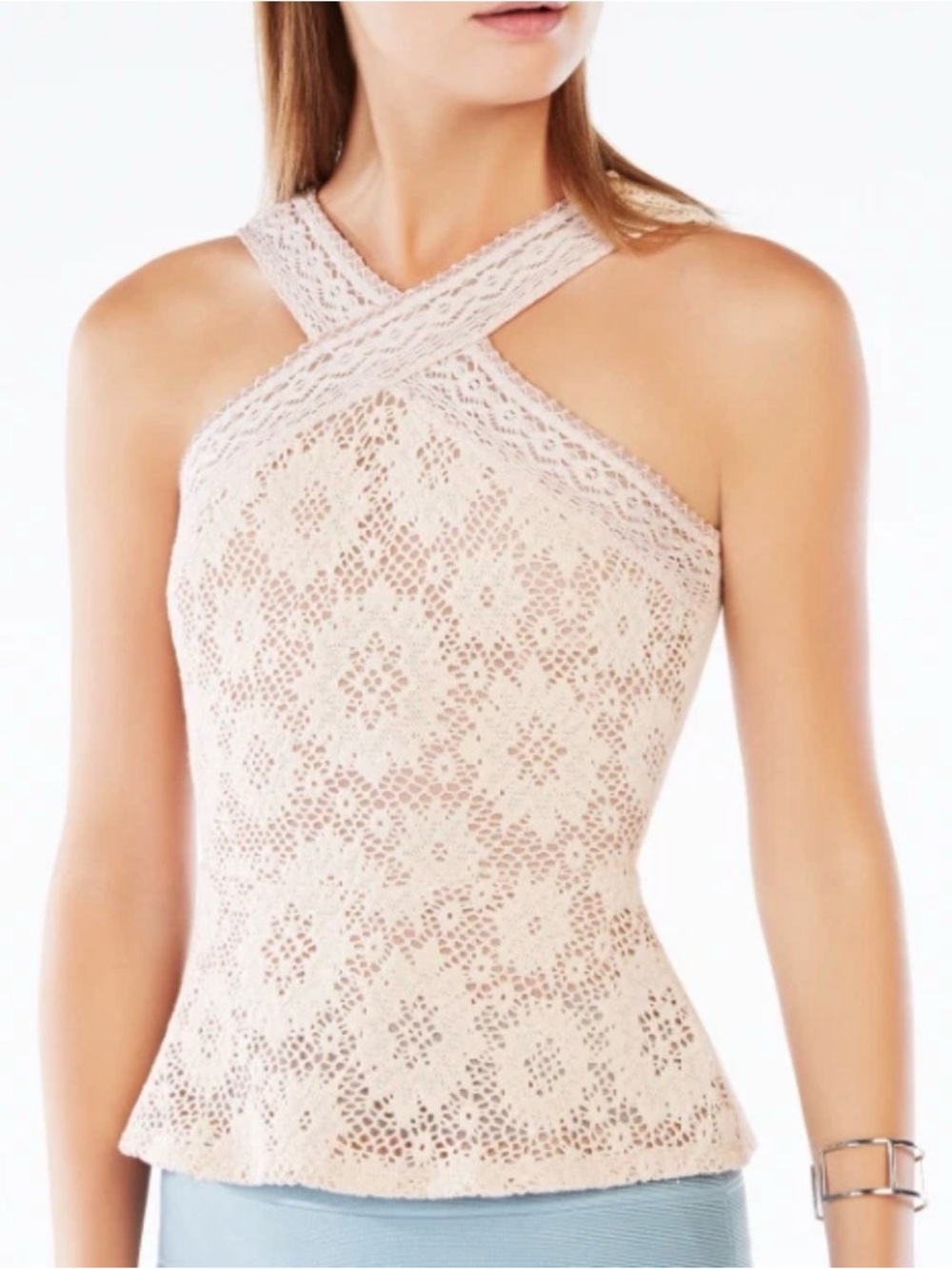 BCBGMaxAzria Blush Crochet Peplum Camisole